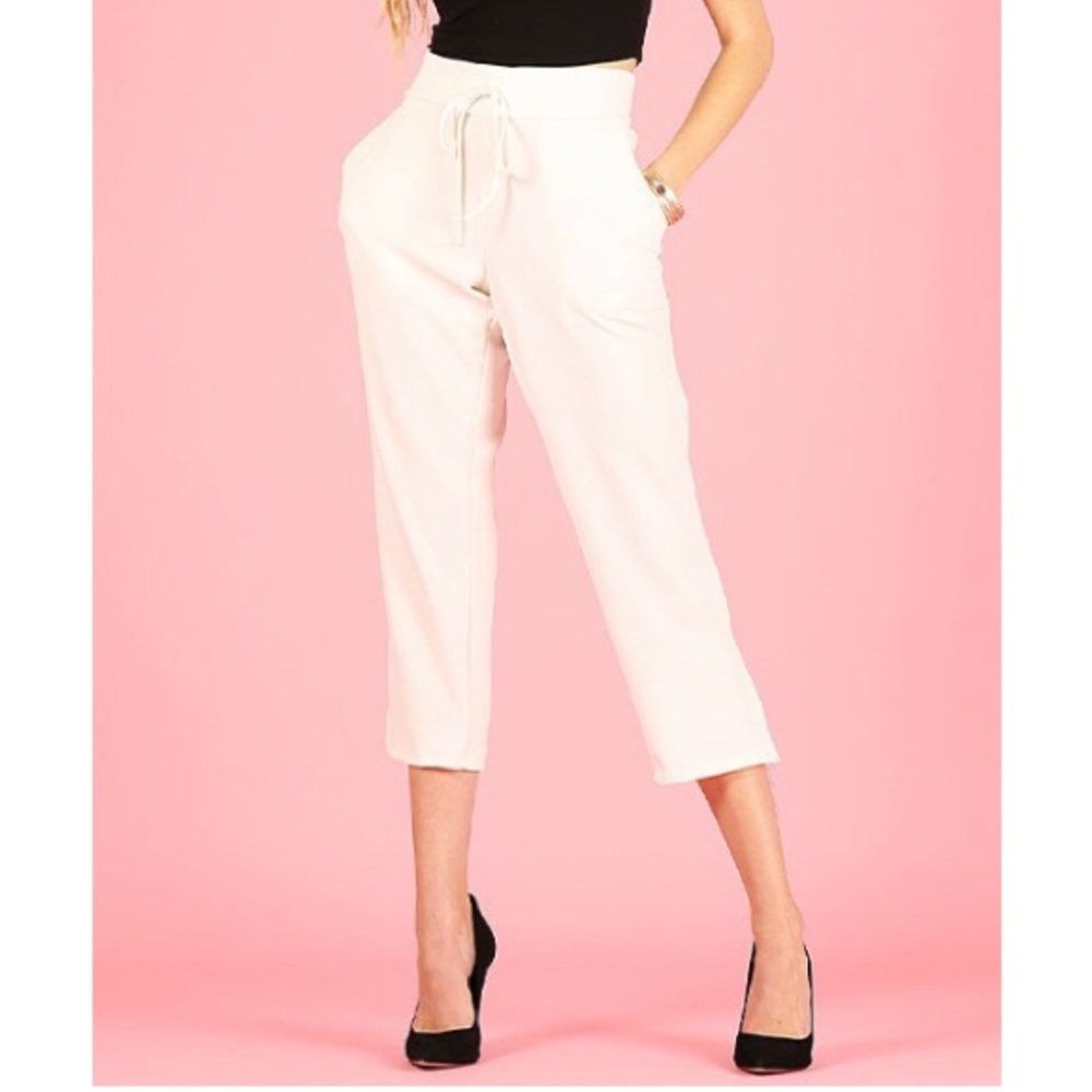Ivory Smocked Drawstring High-Waist Capris, L